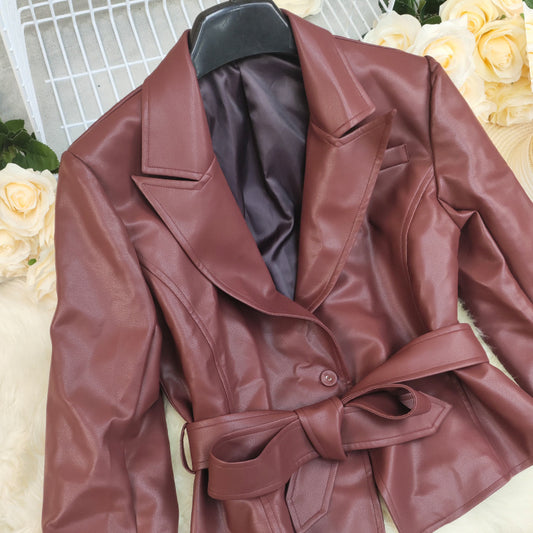 Women's Solid Color Long Sleeve Lace-up Small Suit Jacket