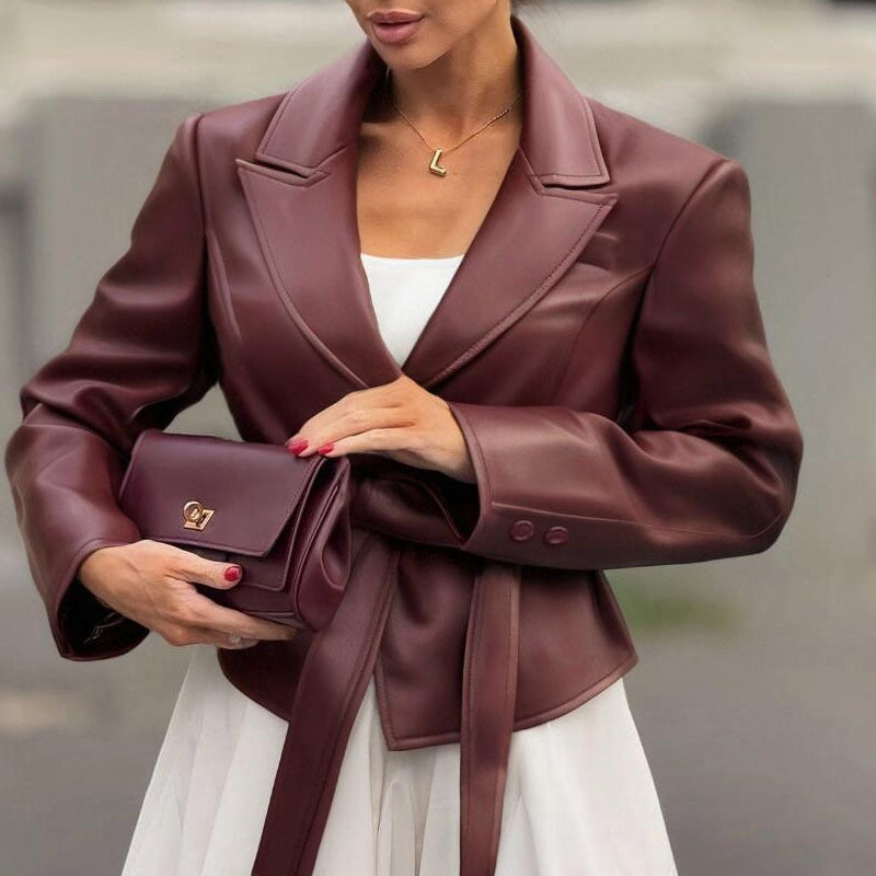 Women's Solid Color Long Sleeve Lace-up Small Suit Jacket