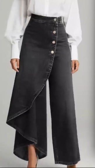 Céleste | Pantalon Droit à Volants et Boutons Dorés