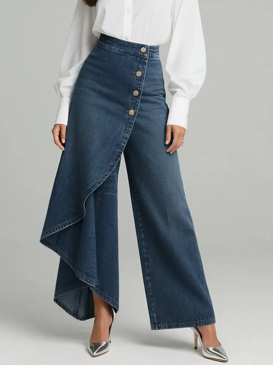 Céleste | Pantalon Droit à Volants et Boutons Dorés