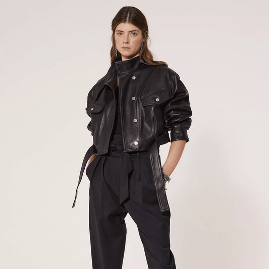 Sofia | Veste en jean ceinturée en cuir & laine