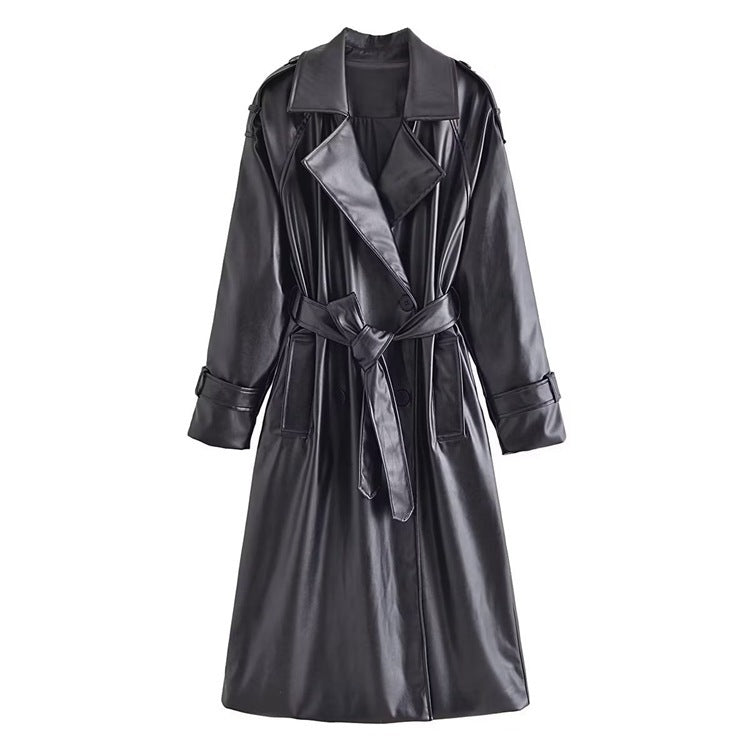 Amira | Trench coat en simili cuir ceinturé – Silhouette affirmée