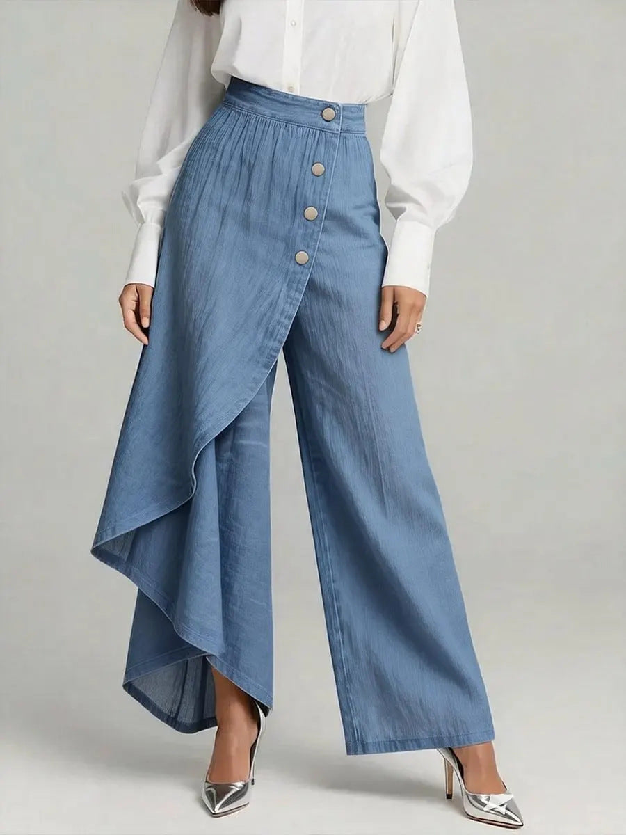 Céleste | Pantalon Droit à Volants et Boutons Dorés