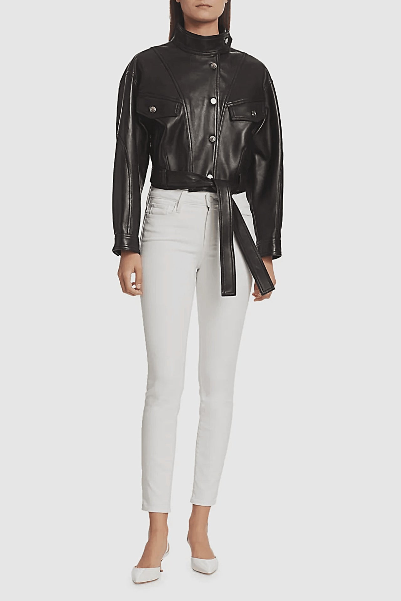 Sofia | Veste en jean ceinturée en cuir & laine