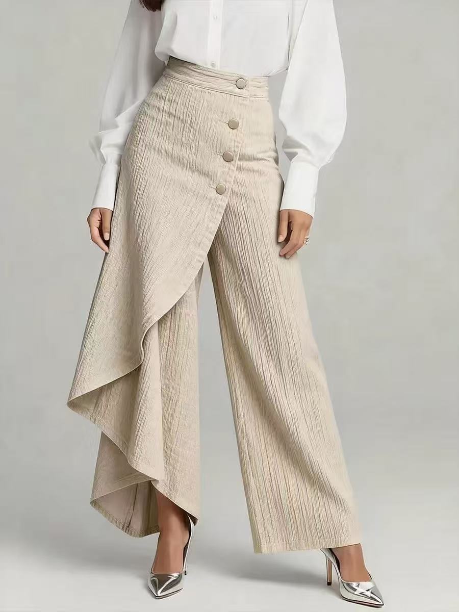 Céleste | Pantalon Droit à Volants et Boutons Dorés