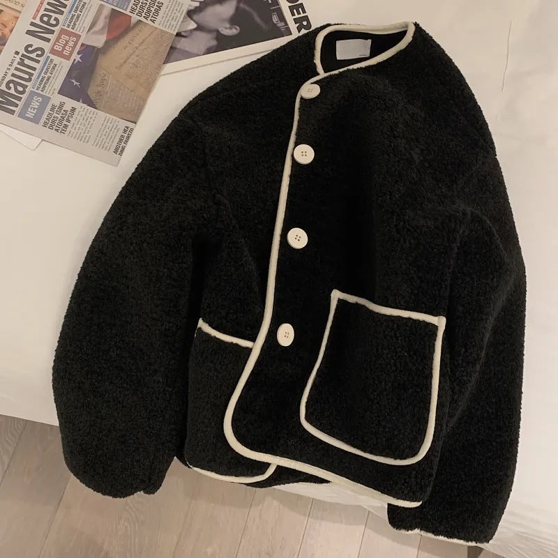 Élodie | Manteau en laine d’agneau col rond khaki