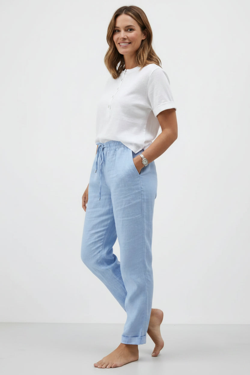 Pantalon fluide femme coton lin bleu ciel Mugamiz Paris